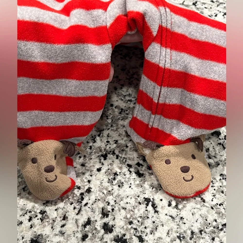 Carters Red & Gray Striped Christmas Reindeer Baby Fleece One-Piece, Newborn